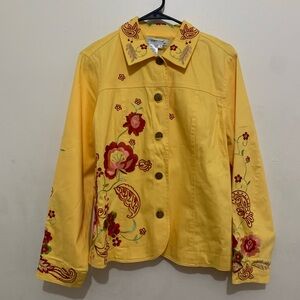 Coldwater Creek Yellow Jean Jacket with Red Embroidery